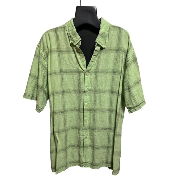 Van Heusen Studio Men’s XXL Shirt Green Black Plaid Linen Button-Up Short Sleeve - Picture 1 of 8